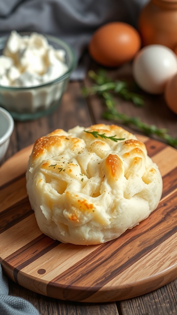 Fluffy cloud bread on a cutting board, golden brown with herbs, in a rustic kitchen.
